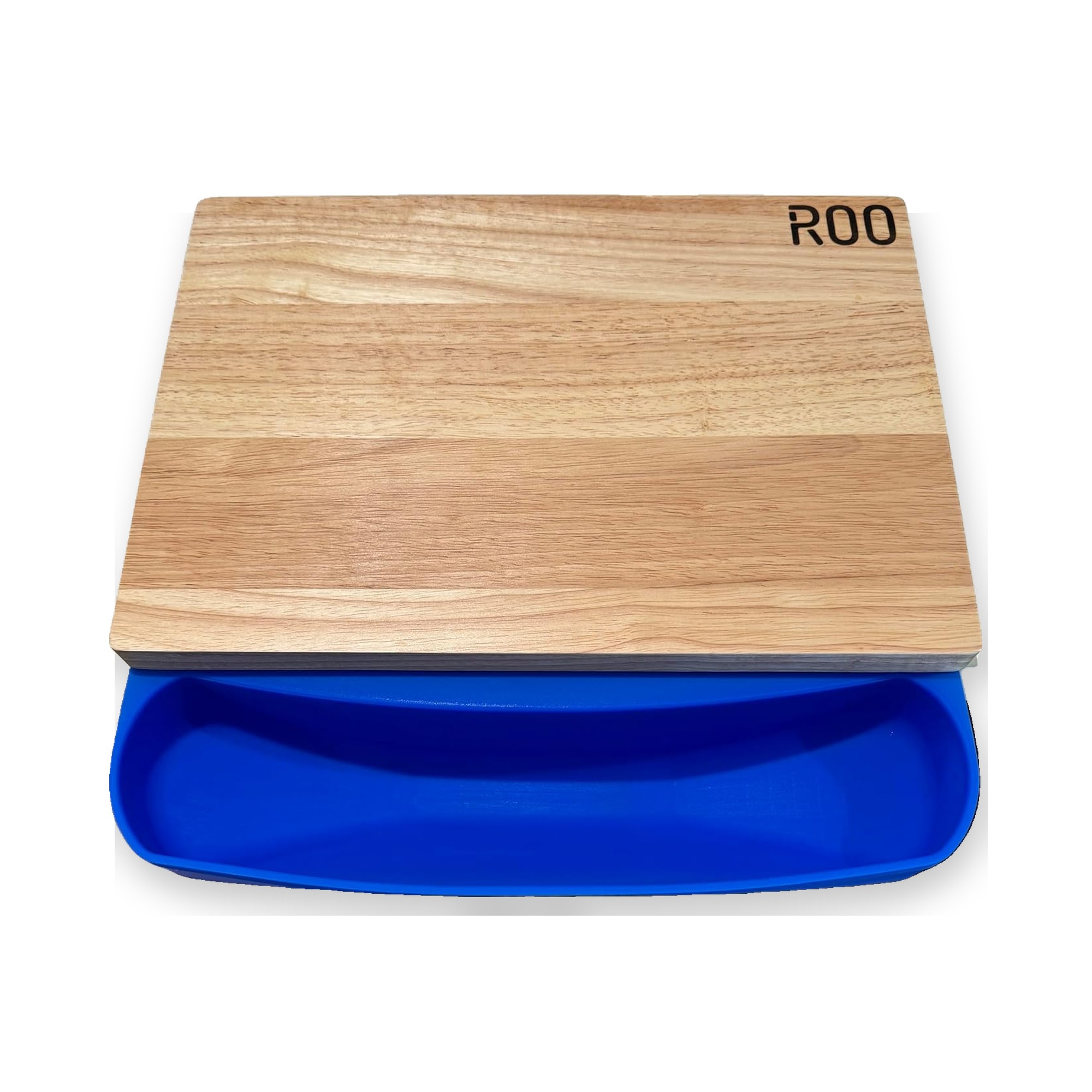 The ROO mat on a counter with the fitted rubberwood board resting on top