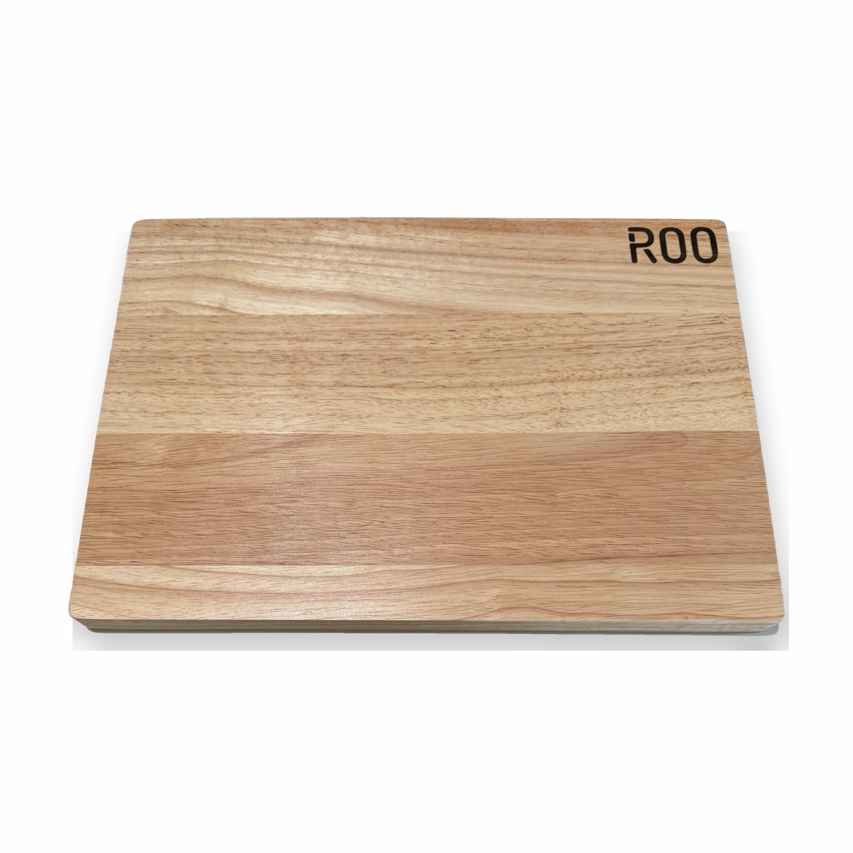 The fitted ROO rubberwood cutting board on a white background